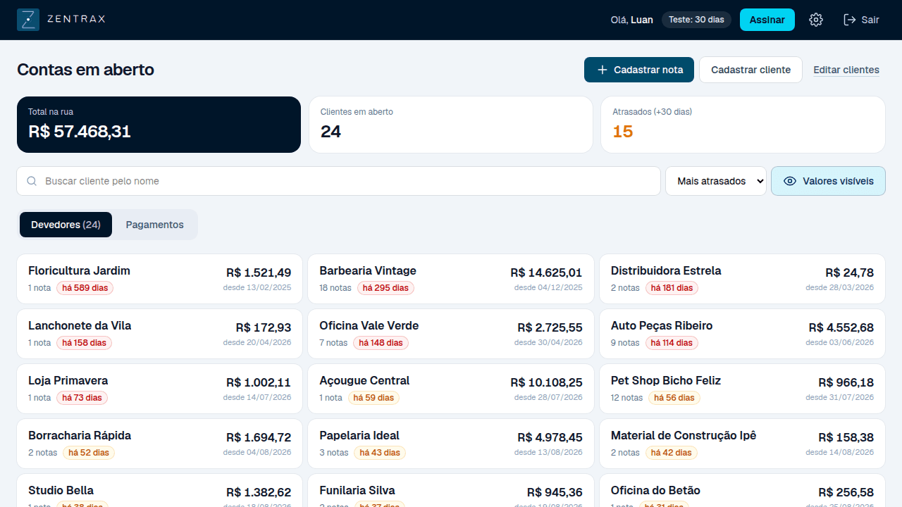 Tela do ZentraX com a lista de clientes e valores em aberto